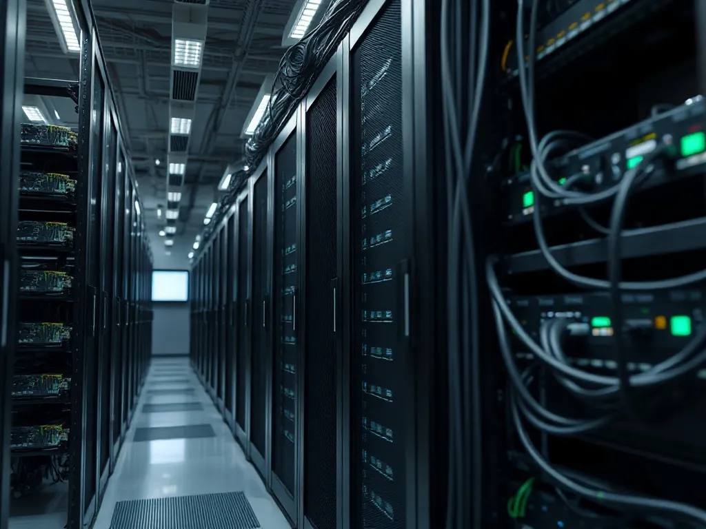 High-tech server room with clean cable management, matte bla