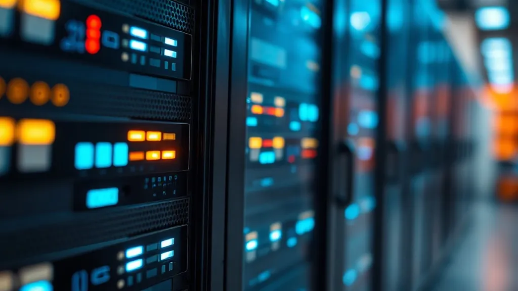 A close-up technical shot of a server rack with blinking blu