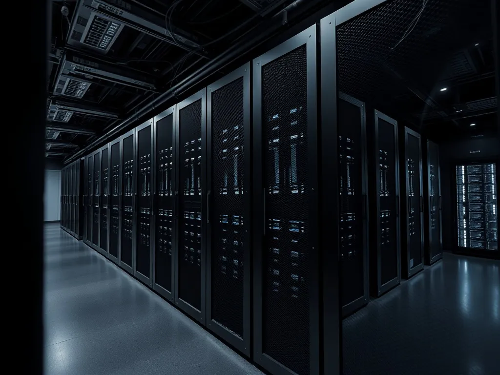 A high-tech server room with matte black server racks and su